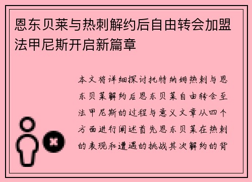 恩东贝莱与热刺解约后自由转会加盟法甲尼斯开启新篇章