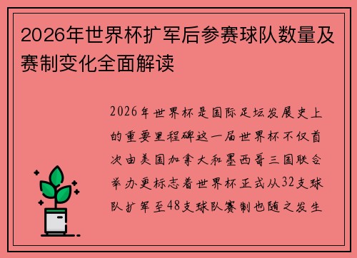 2026年世界杯扩军后参赛球队数量及赛制变化全面解读